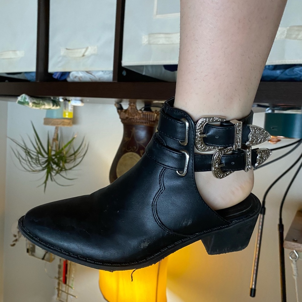 Black open short heel booties